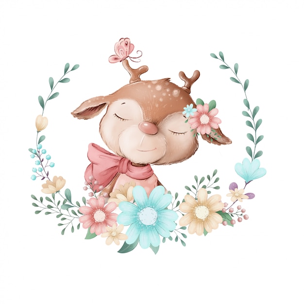花の花輪の女の子鹿のかわいいイラスト プレミアムベクター