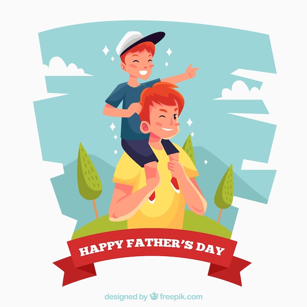 Cute illustration of father with his son on the shoulders ...