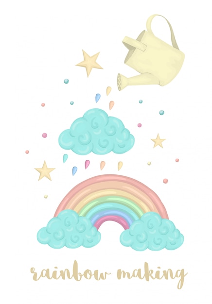雲 じょうろ 白い背景で隔離の星と水彩風虹作りプロセスのかわいいイラスト ユニコーンをテーマにした画像を印刷 バナー カードまたはテキスタイルデザイン プレミアムベクター