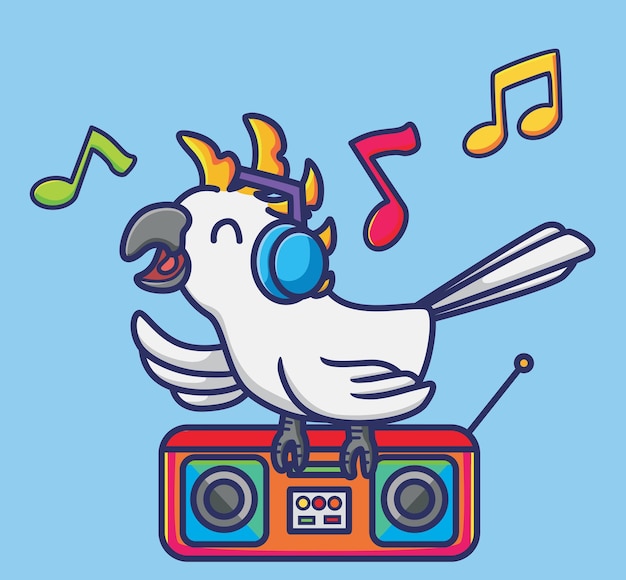 音楽を聴いているかわいいイラストオウムの鳥がヘッドフォンで歌を歌います 動物隔離漫画フラットスタイルアイコンプレミアムベクトルロゴステッカーマスコット プレミアムベクター