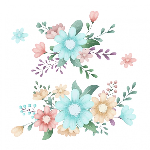 森の春の花のかわいいイラストセット プレミアムベクター
