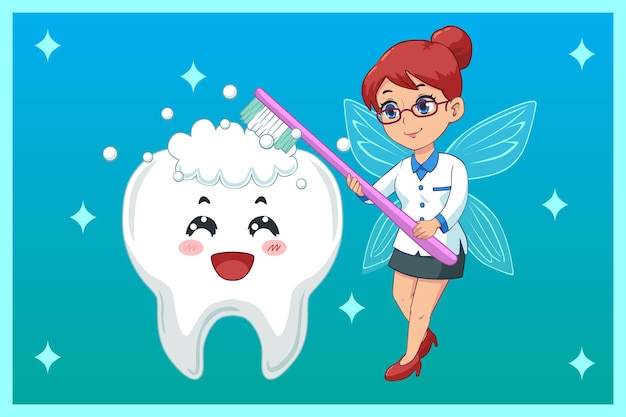 Cute illustration, tooth fairy brushing teeth Premium Vector