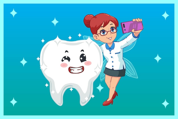 Cute illustration, tooth fairy selfie with glowing teeth Premium Vector