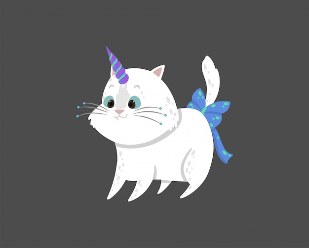 ユニコーンホーンと魔法の白い猫とかわいいイラスト プレミアムベクター