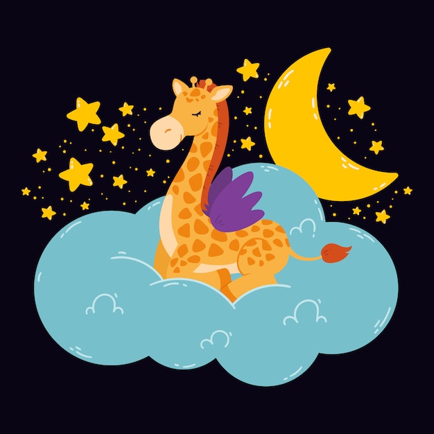 キリン 月 星 暗い背景に雲とかわいいイラスト 赤ちゃんの部屋 グリーティングカード 子供と赤ちゃんのtシャツと服 女性の服のプリント 手描きの保育園の イラスト プレミアムベクター
