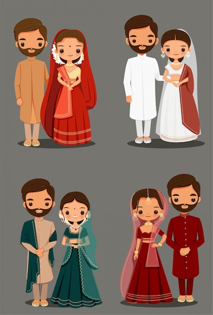 Premium Vector Cute Indian Couple Cartoon In Traditional Dress For Wedding Invitation Card Design