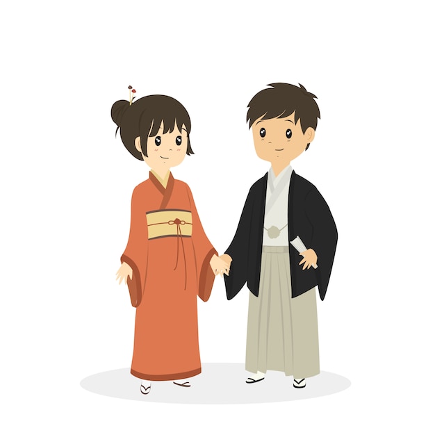プレミアムベクター 伝統的な着物ドレスでかわいい日本人夫婦 漫画