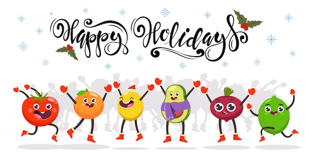 かわいいジャンプ果物と野菜 幸せな休日の手描きのテキスト 面白い食べ物の漫画のキャラクター プレミアムベクター