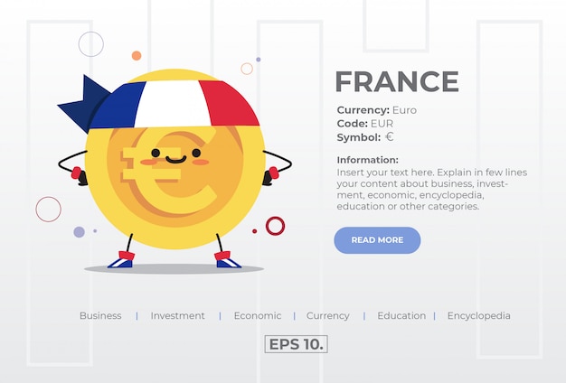フランスからユーロユーロのかわいいかわいいコインキャラクターイラストコンセプト プレミアムベクター