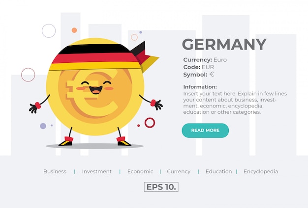 ドイツからユーロユーロのかわいいかわいいコインキャラクターイラストコンセプト プレミアムベクター