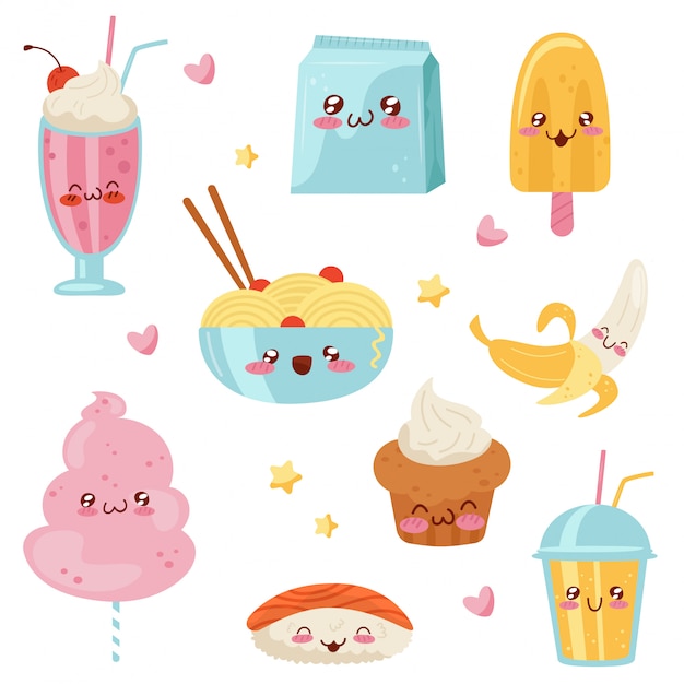 かわいいかわいい食べ物の漫画のキャラクターセット デザート お菓子 寿司 白い背景の上のファーストフードの図 プレミアムベクター