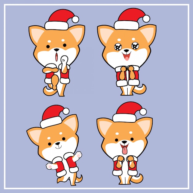 プレミアムベクター クリスマス帽子コレクションでかわいいかわいい手描き柴犬犬キャラクター