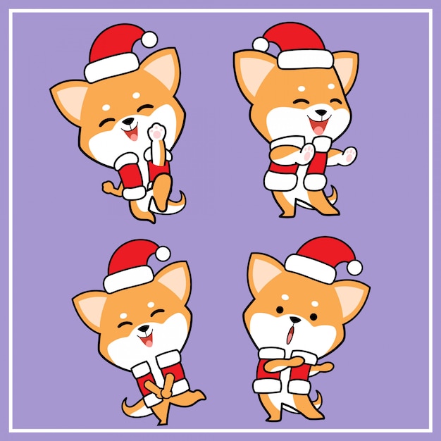 クリスマス帽子コレクションでかわいいかわいい手描き柴犬犬キャラクター プレミアムベクター