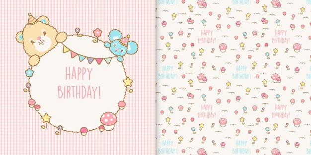 Premium Vector Cute Kawaii Happy Birthday Frame And Seamless Pattern Pattern