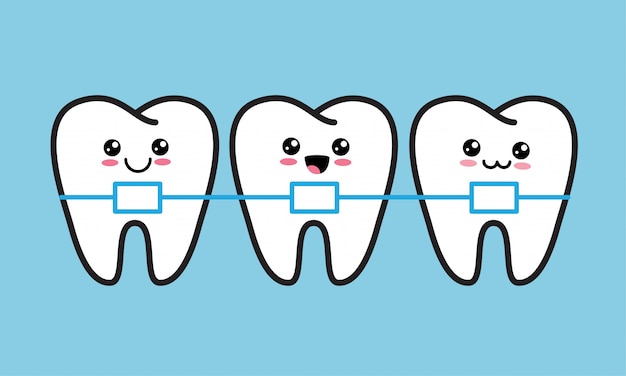 金属ブレース付きのかわいいカワイイ幸せな歯 歯列矯正治療 咬合矯正または顎アライメントのコンセプト プレミアムベクター