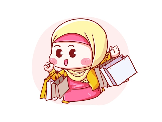 Premium Vector | Cute and kawaii hijab girl holding shopping bag manga ...