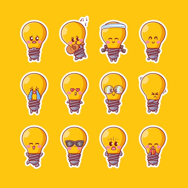 Premium Vector | Cute kawaii light bulb character stickers illustration ...