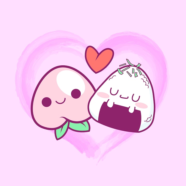 Premium Vector Cute Kawaii Peach And Onigiri In Love