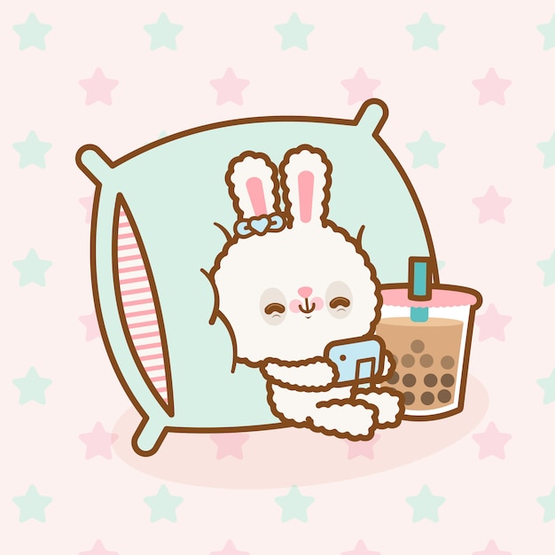 Premium Vector | Cute kawaii rabbit playing video games