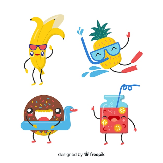 Cute kawaii summer characters collection Vector | Free Download