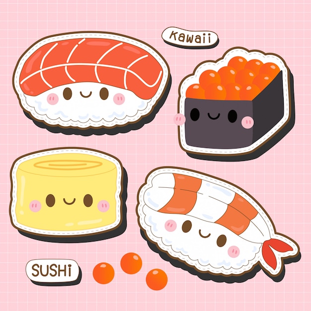 Premium Vector Cute Kawaii Sushi Collection Japanese Sushi