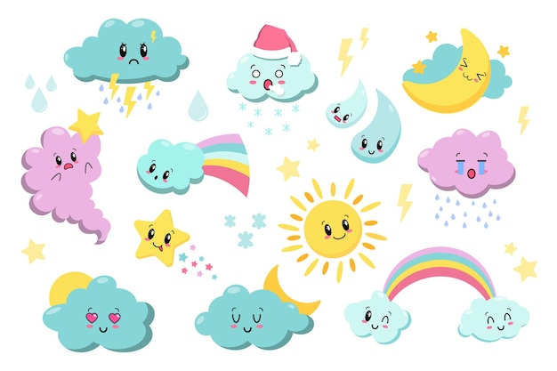 かわいいカワイイ天気アイコン 雲 雨 太陽 星 稲妻 虹 日本の漫画マンガスタイル プレミアムベクター