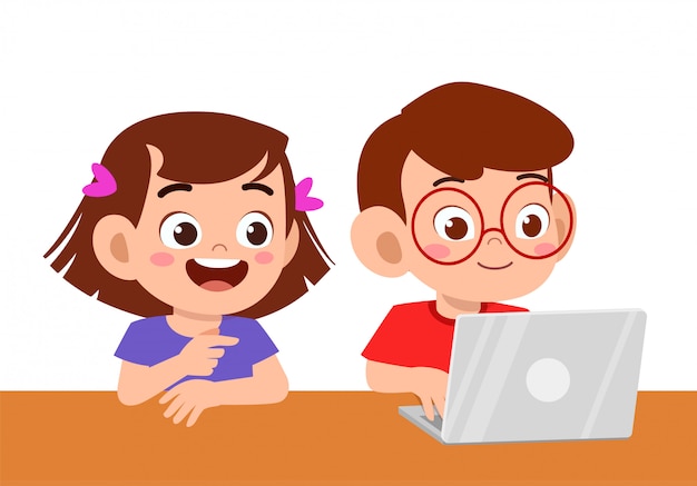 Premium Vector | Cute kid boy and girl using laptop