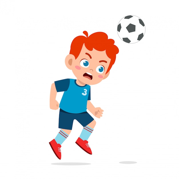 プレミアムベクター かわいい子供の少年はストライカーとしてサッカーをする