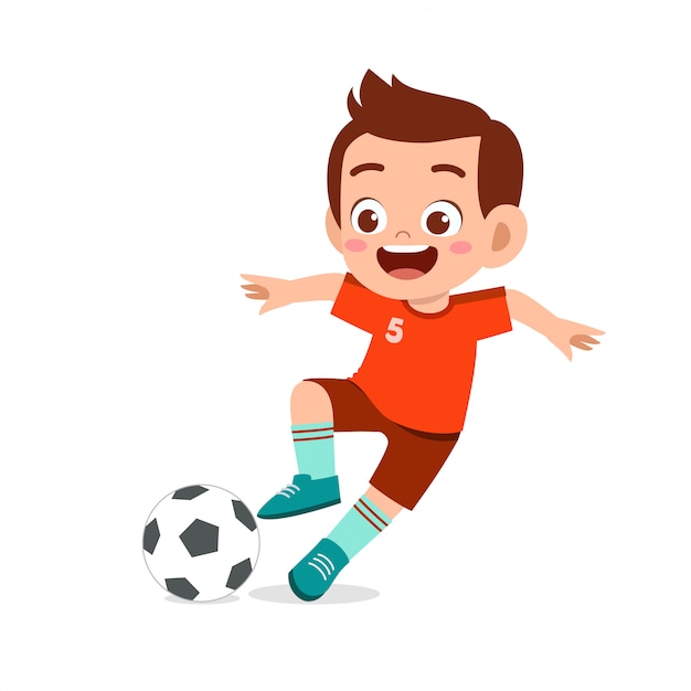 かわいい子供の少年はストライカーとしてサッカーをする プレミアムベクター