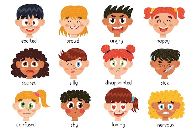 Premium Vector | Cute kids emotions faces collection different ...