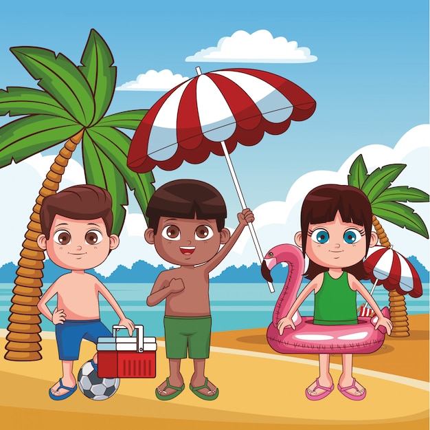 Cute kids  having fun at beach  cartoons  vector illustration 