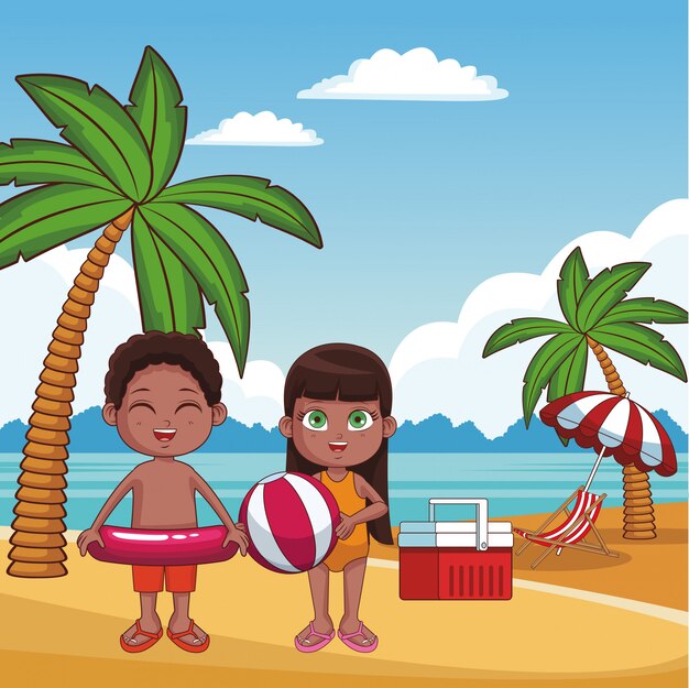 Cute kids  having fun at beach  cartoons  vector illustration 