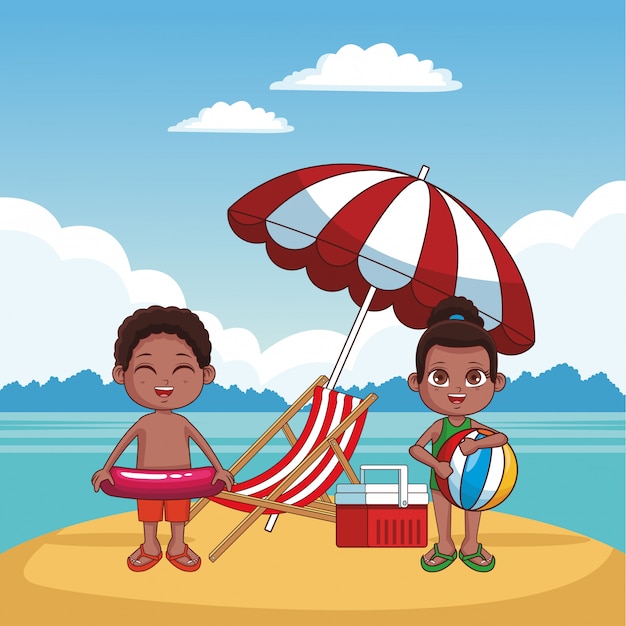 Cute kids  having fun at beach  cartoons  vector illustration 