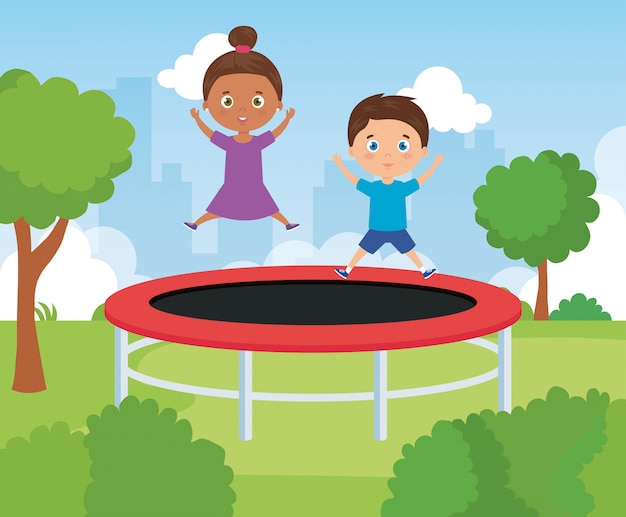 Cute kids in park playing in trampoline illustration | Premium Vector