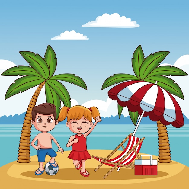 Cute kids  playing beach  summer cartoon  Vector Premium 