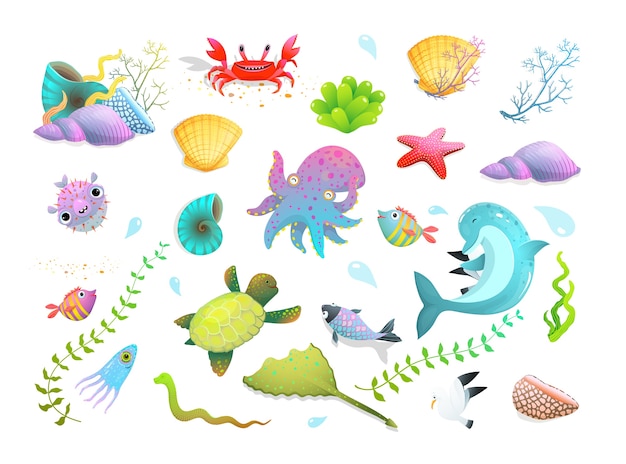かわいい子供たちの海の生き物セット イルカ 海の星 魚やイカ カニ その他の面白い水中の生き物 漫画 プレミアムベクター