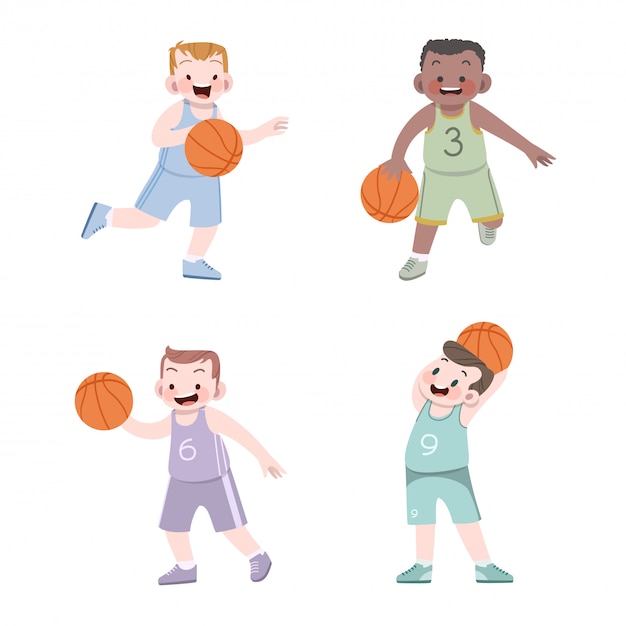 かわいい子供たちのスポーツバスケットボールイラストセット プレミアムベクター