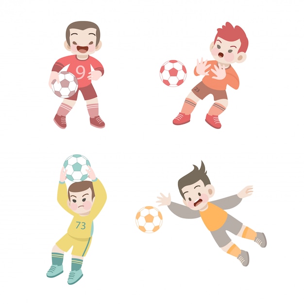 かわいい子供たちのスポーツサッカーイラストセット プレミアムベクター
