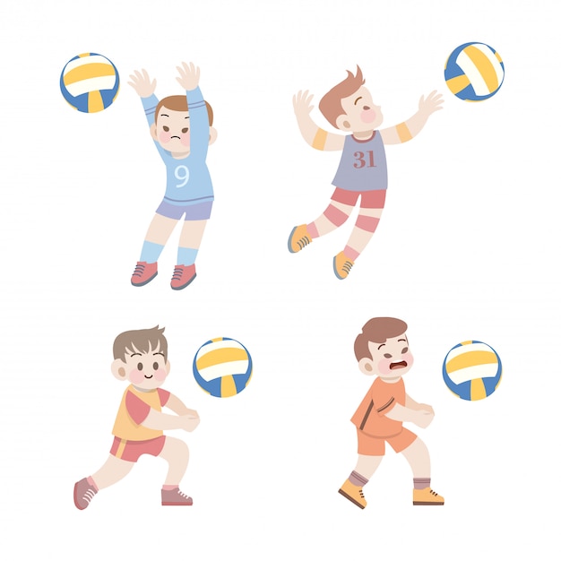 かわいい子供たちのスポーツバレーボールイラストセット プレミアムベクター