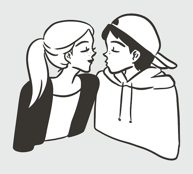 かわいいキス若いキャラクターシンプルな白黒イラスト プレミアムベクター
