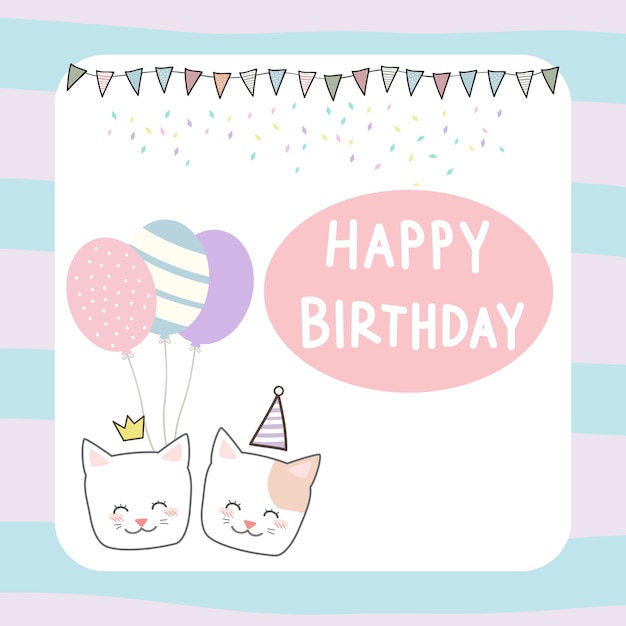 Download Cute kitten cat pastel cartoon birthday card Vector ...