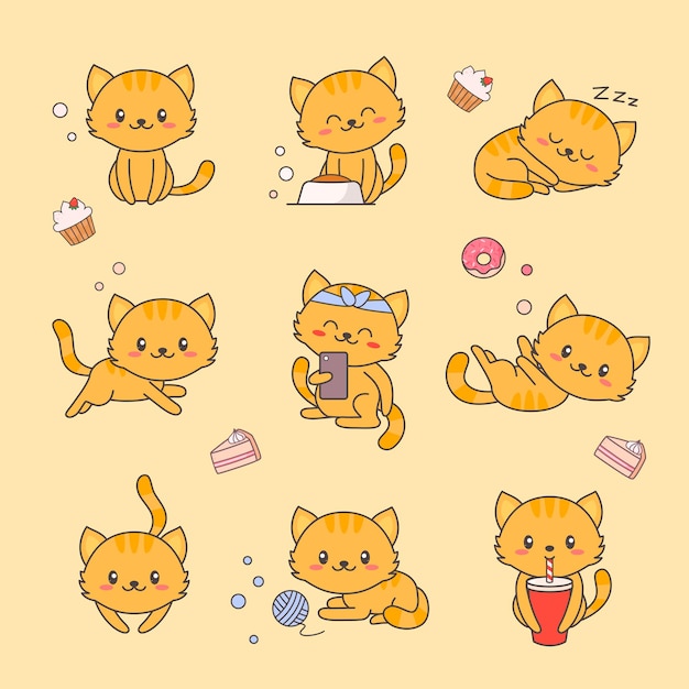 Premium Vector | Cute kitten kawaii character sticker set.