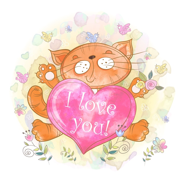 Premium Vector | Cute kitten with a heart. i love you. valentine.