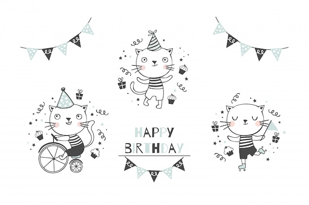 かわいい子猫猫の赤ちゃんキャラクターコレクション お誕生日おめでとうのアイコンを設定します 手描き漫画動物デザインイラスト プレミアムベクター