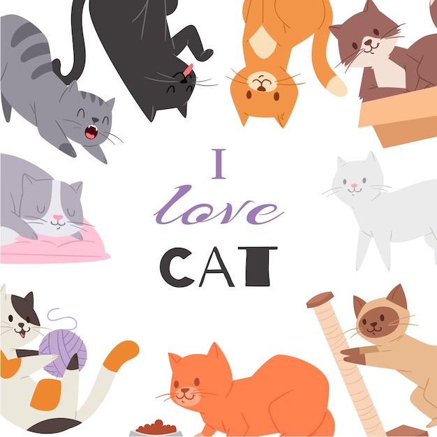 プレミアムベクター かわいい子猫猫ポスターさまざまな子猫の品種 おもちゃ 食べ物 Pussycats私は猫のタイポグラフィが大好きです