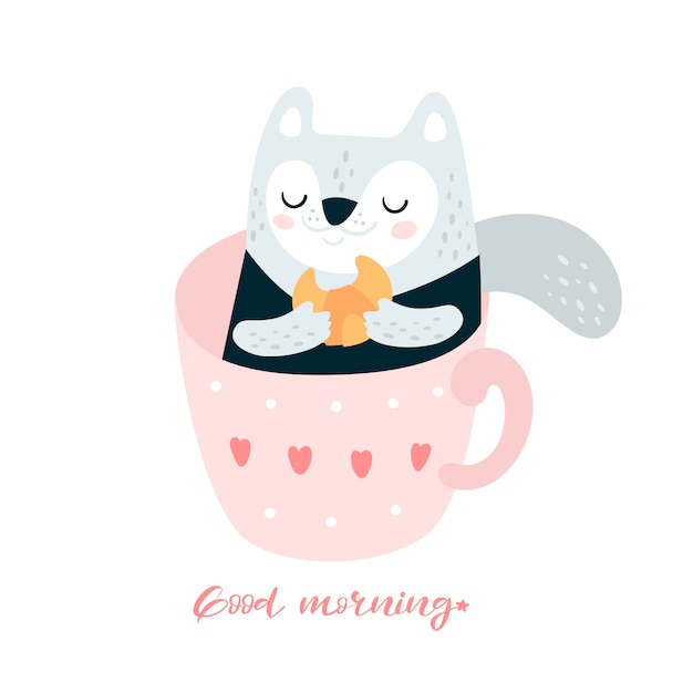 Download Cute kitty cat with croissant in cup of coffee | Premium ...