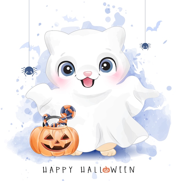 水彩イラストのハロウィーンの日のかわいい子猫 プレミアムベクター