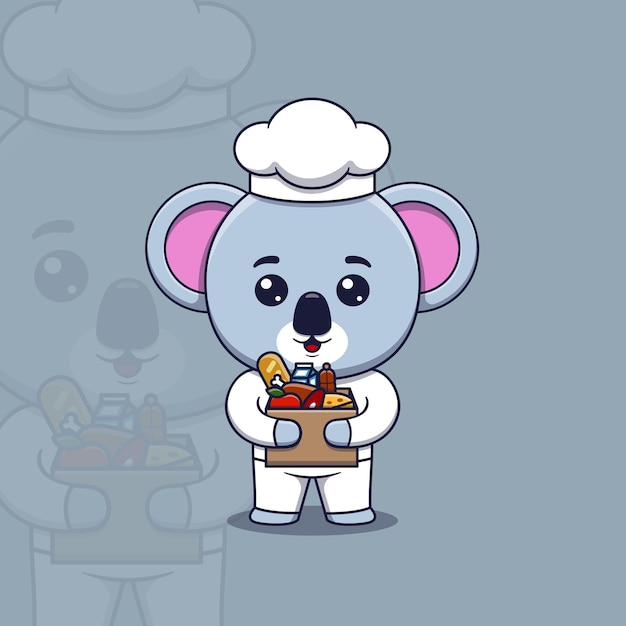 Premium Vector | Cute koala chef holding cardboard box full food