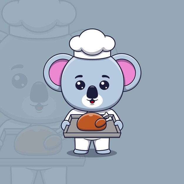 Premium Vector | Cute koala chef holding a tray of roast chicken