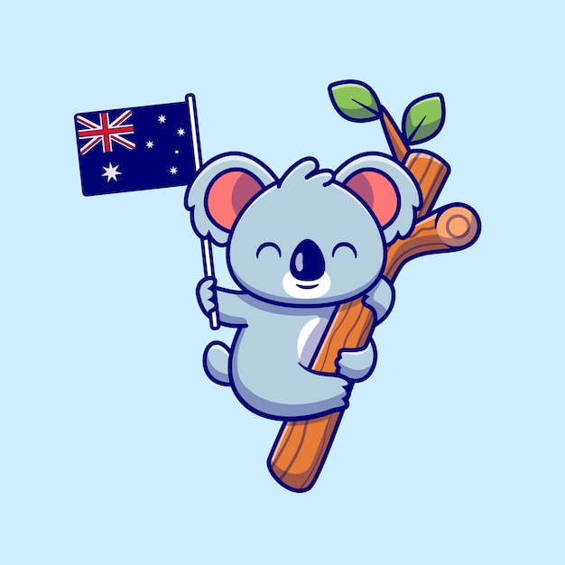 木にぶら下がって オーストラリア国旗の漫画のアイコンのイラストを保持しているかわいいコアラ 分離された動物の性質のアイコンの概念 フラット漫画スタイル プレミアムベクター